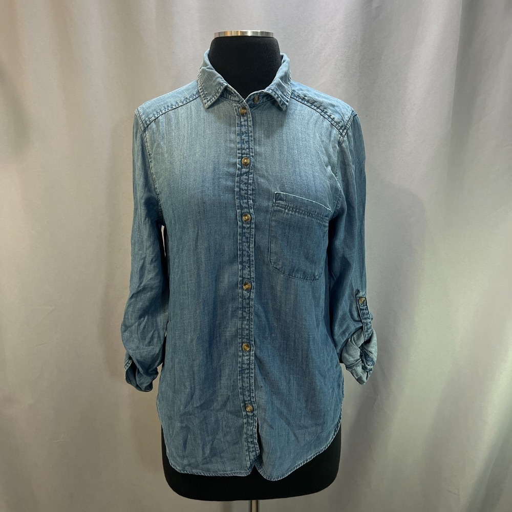 American Eagle Outfitters Denim Shirt Women S Blue Roll Tab Sleeve Boyfriend Fit